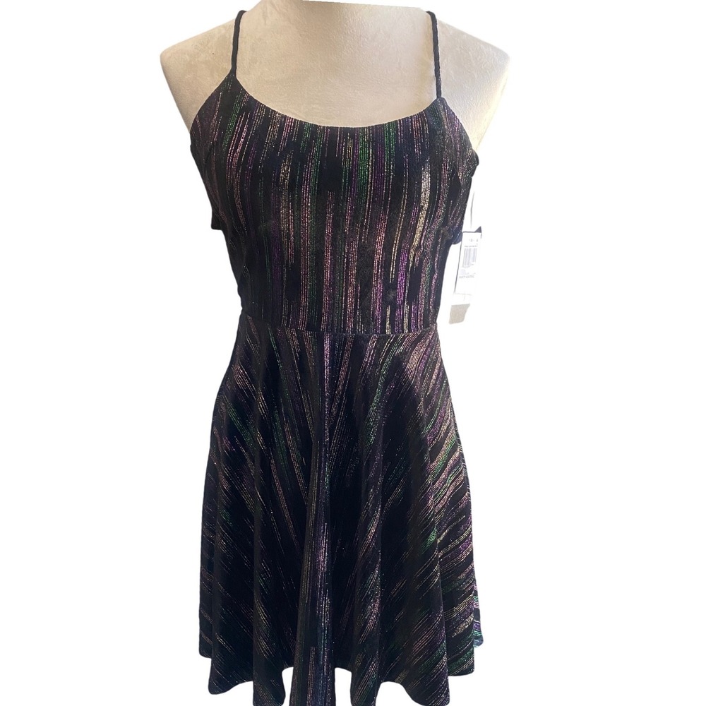 City Studio Womens Metallic Rainbow Stripe Lace Up Back Fit & Flare Dress 1/2